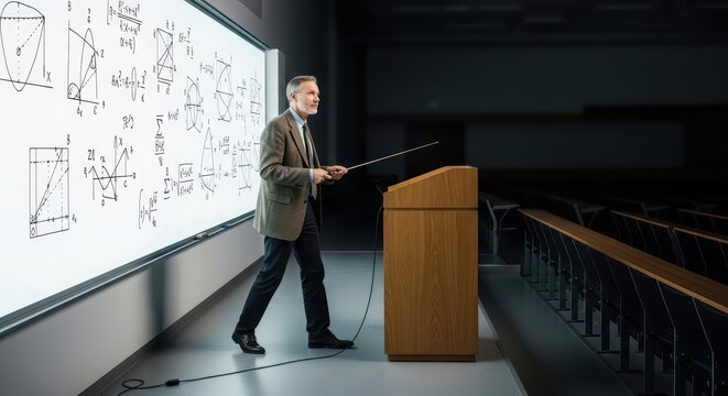 Caucasian male professor teaching mathematics in lecture hall