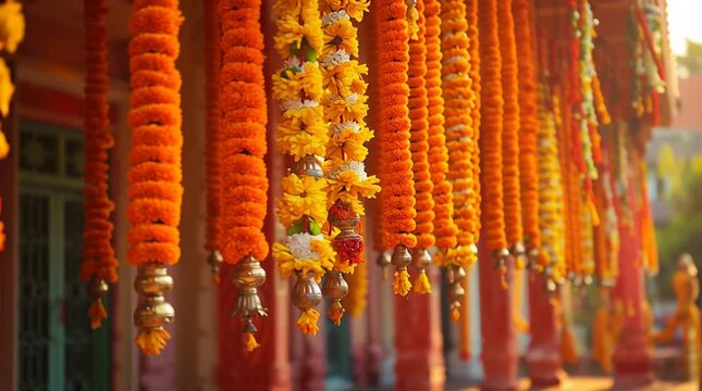 Marigold flower garlands hanging at temple entrance