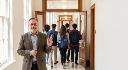 Caucasian mature male teacher in hallway with diverse students walking away
