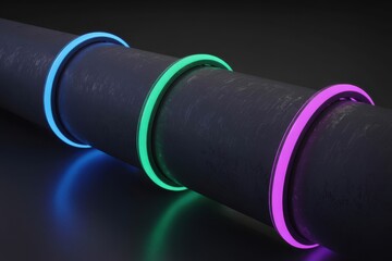 Dark pipe with glowing neon rings blue green purple