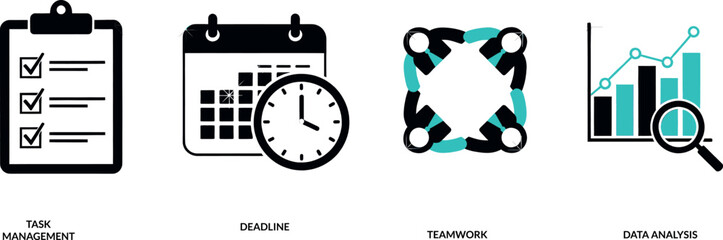 Obraz premium Business concept icons representing task management, deadline, teamwork, and data analysis, symbolizing productivity and efficiency