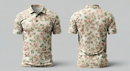 Men's polo shirt mockup featuring a vintage floral rose pattern design on beige background with front and back views for apparel branding concepts.