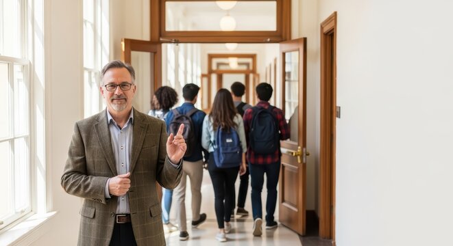 Caucasian mature male teacher in hallway with diverse students walking away