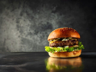 Classic cheeseburger with fresh lettuce and melted cheese on a dark surface