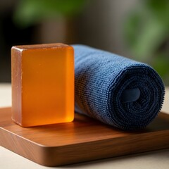 Amber Soap Bar with Rolled Towel on Wooden Tray