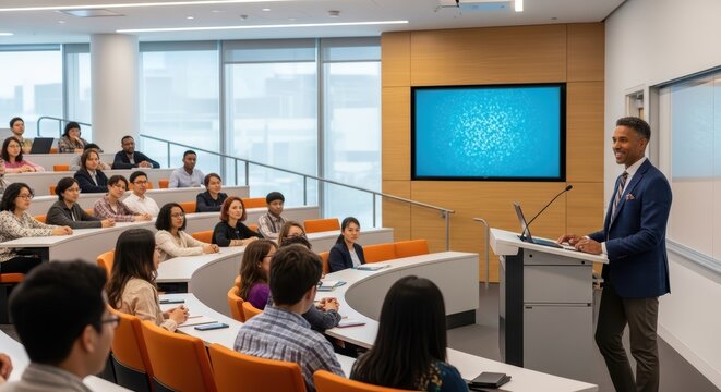 Diverse audience in modern classroom listening to enthusiastic male speaker at podium