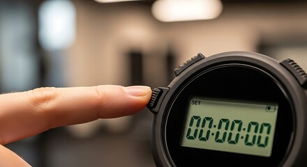 Close-up of Finger Starting or Resetting a Digital Stopwatch Timer for Sports and Time Management