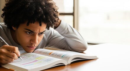 Focused african young teen male studying with a textbook at desk
