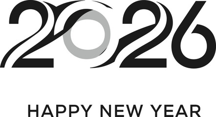 Stylized HAPPY NEW YEAR 2026 graphic with bold artistic numbers, circular zero, and clean celebratory typography