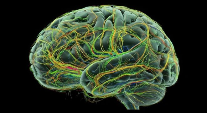 Detailed 3d rendering of the human brain with visible neural pathways