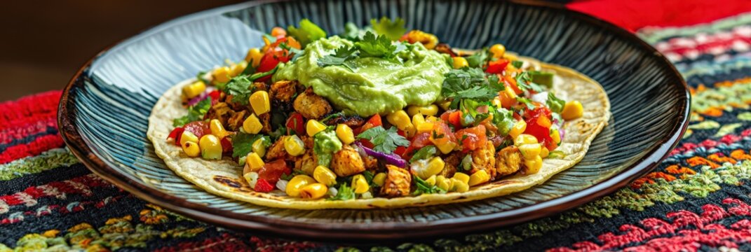 A plate of vegan tacos with jackfruit, avocado crema, and roasted corn, set on a colorful fabric