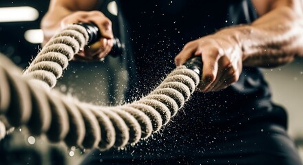 Muscular Man Training with Battle Ropes in Gym, Close-Up