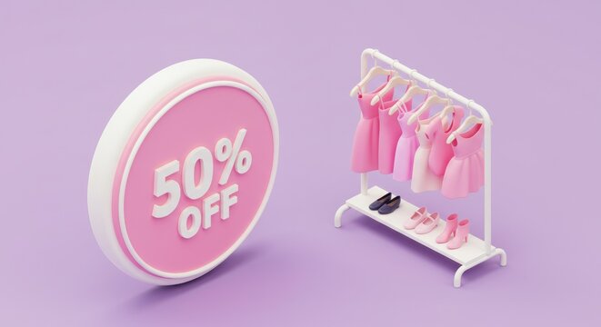 Isometric 3D Render of 50 Off Sale with Clothes.
