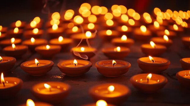 Traditional oil diyas glowing in rows during Diwali night