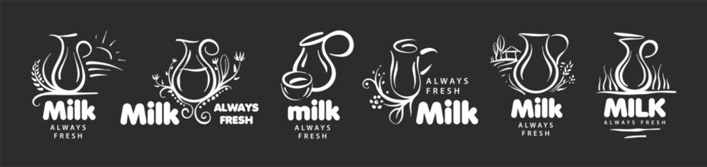 A set of hand-drawn vector milk jug logos