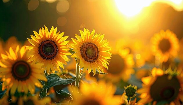 A vibrant field of sunflowers in full bloom, illuminated by the warm glow of the setting or rising sun.