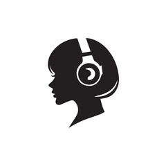 Black Vector Illustration of Woman Wearing Headphone in Clean Minimal Style on White Background