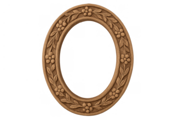 Oval wooden frame with carved floral ornament, natural wood color, antique rustic style, transparent background