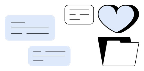 Notes, folder, and heart symbol arrangement emphasizes data organization, prioritization, and favorite categorization. Ideal for productivity, office, organization, education management information © robu_s