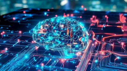 Digital brain interacting with circuit board technology for artificial intelligence and machine learning concept - Powered by Adobe