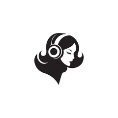 Black Vector Illustration of Woman Wearing Headphone in Clean Minimal Style on White Background