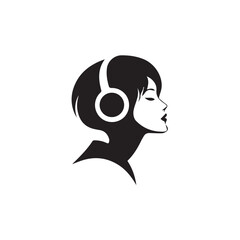 Black Vector Illustration of Woman Wearing Headphone in Clean Minimal Style on White Background