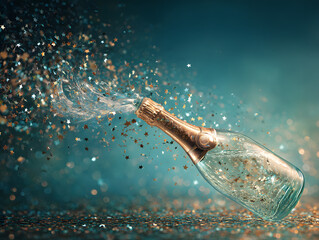 Champagne bottle exploding with glitter and confetti against a blue backdrop