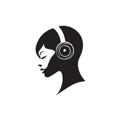 Black Vector Illustration of Woman Wearing Headphone in Clean Minimal Style on White Background