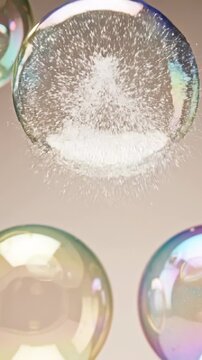 Abstract slow motion shot of large spherical iridescent soap bubbles rising and gently popping against a clean pale background abstract slow motion shot, soap bubbles rising, rising
