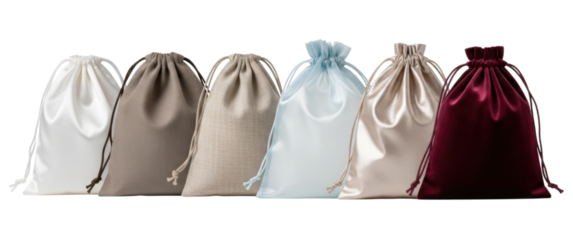Six fabric drawstring pouches in various colors transparent background cutout png