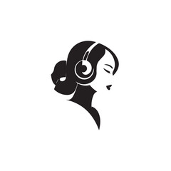 Black Vector Illustration of Woman Wearing Headphone in Clean Minimal Style on White Background
