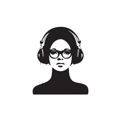 Black Vector Illustration of Woman Wearing Headphone in Clean Minimal Style on White Background