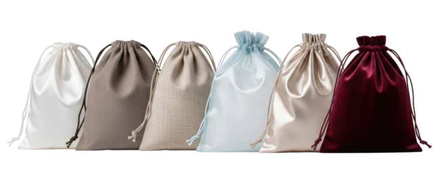 Six fabric drawstring pouches in various colors transparent background cutout png
