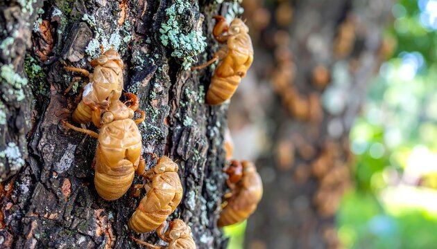 Close-up of cicada shells clinging to the rough bark of a tree