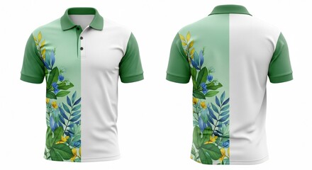 Men's polo shirt mockup with vertical split design featuring tropical botanical leaves on one side and solid white on the other front and back view.
