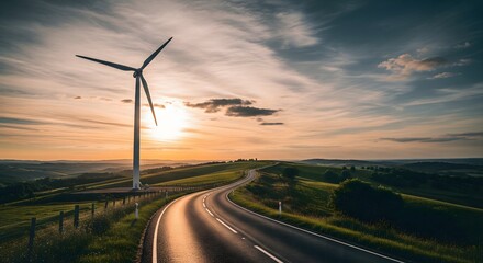 Wind Turbine Beside Scenic Countryside Road at Sunset