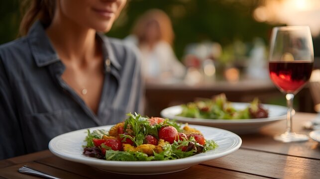 Outdoor dining with a fresh salad and red wine enjoyed on a patio during a warm sunset