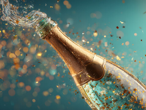 Champagne bottle exploding with water and confetti on a turquoise backdrop