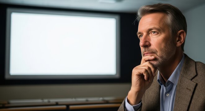 Mature caucasian male deep in thought in classroom setting