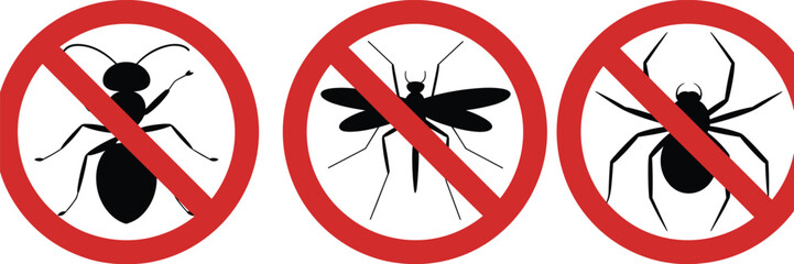 Anti pest control warning signs with crossed out insect silhouettes including ant mosquito and spider symbols for protection safety and extermination