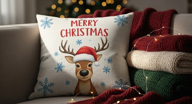 A festive Christmas pillow with a reindeer in a Santa hat sits on a cozy sofa next to warm sweaters and fairy lights.