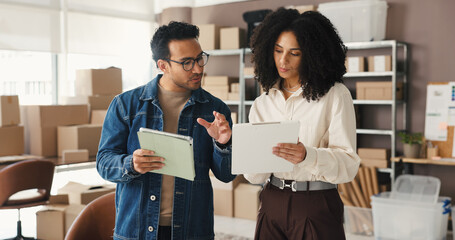 Small business, meeting and team with tablet, clipboard and planning for web order or supply chain. Ecommerce, entrepreneur and people with tech for distribution, collaboration or stock in startup