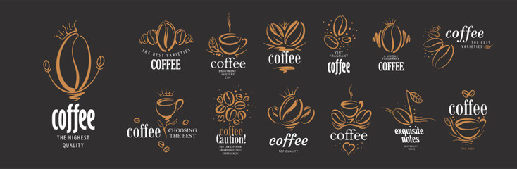 A set of vector logos of natural coffee beans, hand-drawn