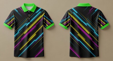 Realistic men's polo shirt mockup with ornamental mandala teal and gold pattern on a gradient beige background showing front and back view.