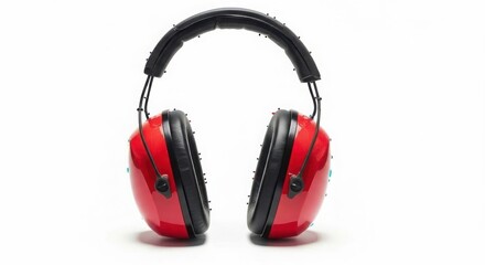Fototapeta premium Bright red and black noise cancelling earmuffs on white background