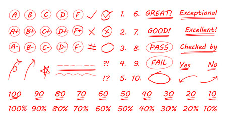 hand drawn red pen grades and numerical doodles, different signs of homework and exam check vectors, editable stroke