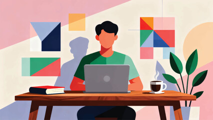 Illustration Of A Boy Studying Online At Home With A Laptop Vector Design Template