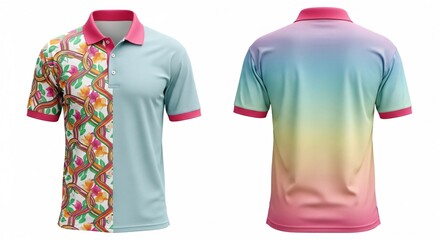 Men's polo shirt mockup featuring soft light blue and white ombre gradient fade design showing front and back view isolated.