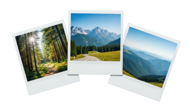 Three instant photos of mountain landscapes transparent background cutout png - Powered by Adobe