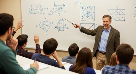 Male teacher explains geometry to diverse young students in classroom setting